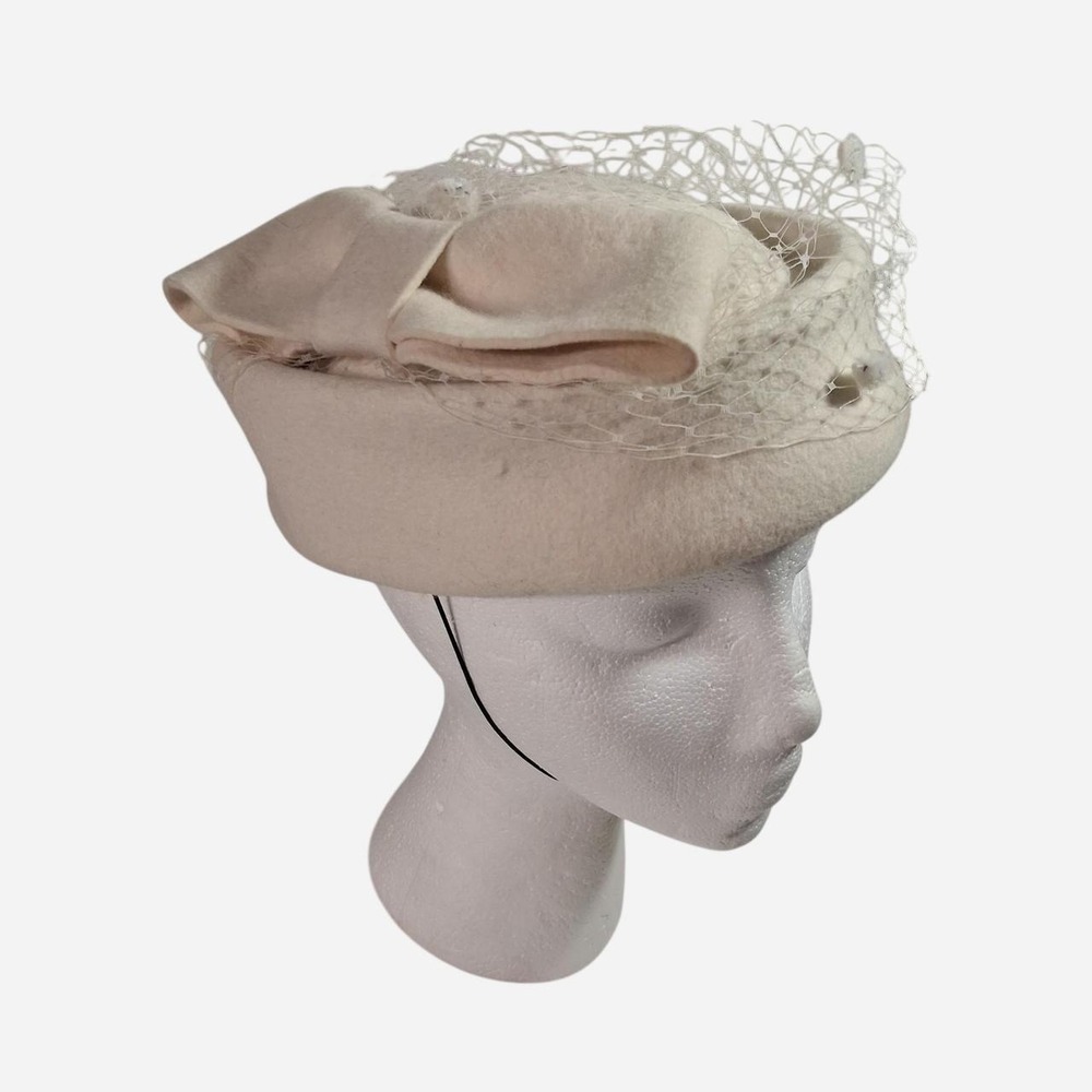 Womens structured cream wool felt pillbox hat with clips and mesh veil